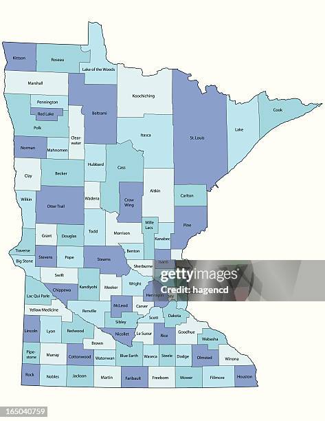 minnesota state-county karte - minnesota stock-grafiken, -clipart, -cartoons und -symbole