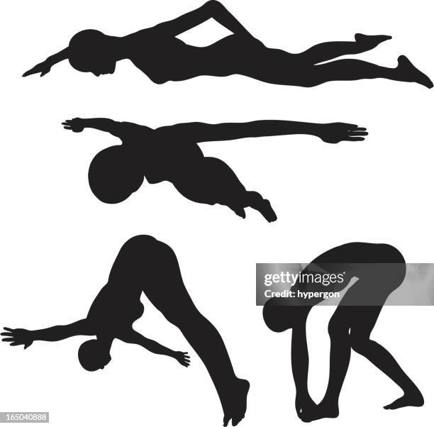 swimming - diving silhouette collection (vector+jpg) - diving into water stock illustrations