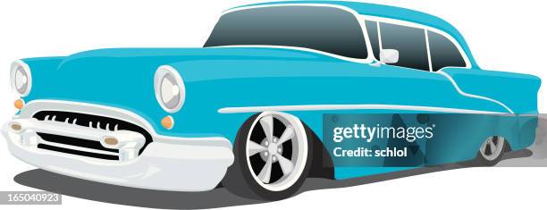 classic blue chevy animation on a white backdrop - old car side view stock illustrations