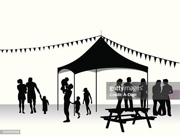 picnic tent vector silhouette - family at a picnic stock illustrations