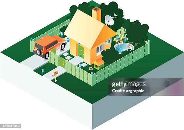 isometric house. - blue house red door stock illustrations