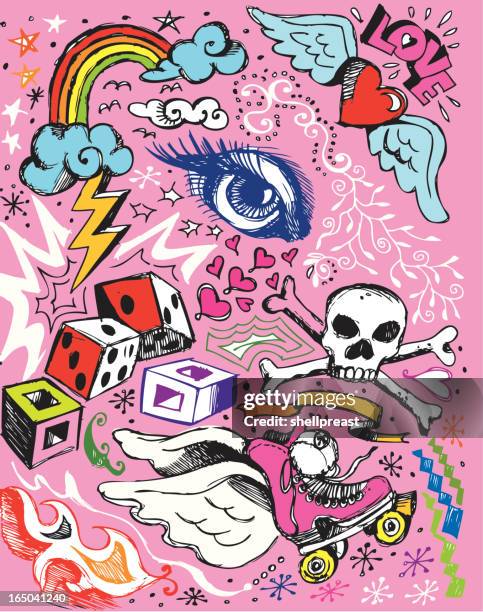 random doodle elements on a pink background - skater stock illustrations