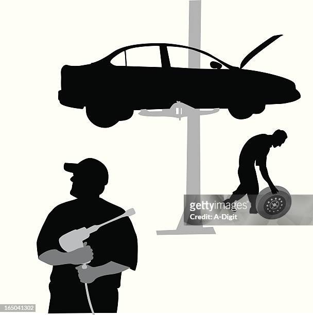 car mechanics vector silhouette - hoisted stock illustrations