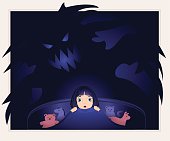Little girl afraid of monsters in the dark.