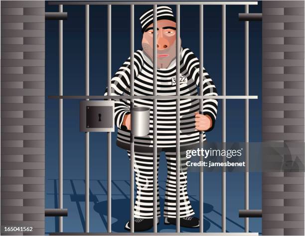 man in jail (vector) - prison bars stock illustrations