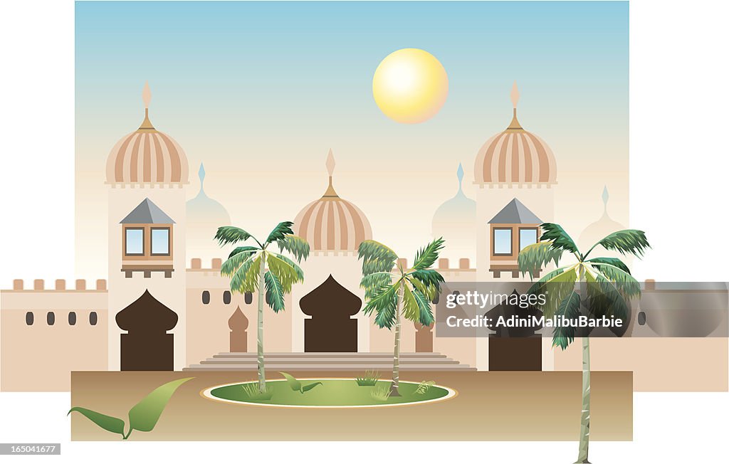 Cartoon Arabic Style Mansion with Palm Trees