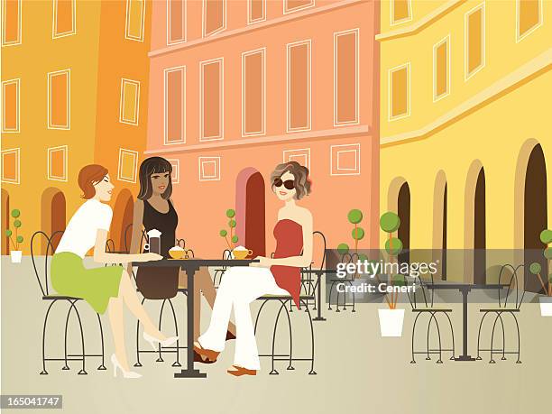 illustrazioni stock, clip art, cartoni animati e icone di tendenza di tre belle donne rilassarsi al caffè all'aperto in europa - friends travel