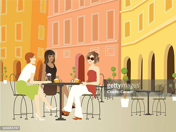 three beautiful women hanging out at sidewalk cafe in europe - elegant woman smile stock illustrations