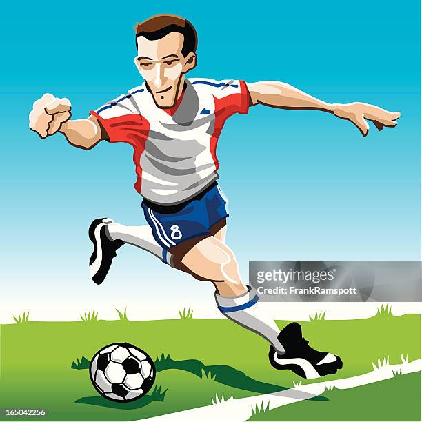 comic fußball-spieler-rot-weiß - midfielder soccer player stock-grafiken, -clipart, -cartoons und -symbole