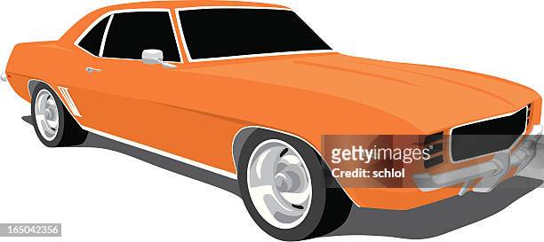 orange camaro 1969 - 1970s muscle cars stock illustrations
