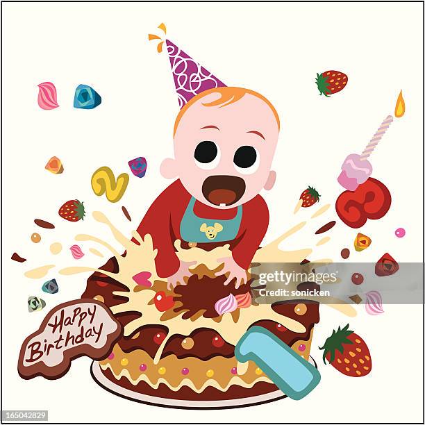 children birthday cake - demolished cake stock illustrations