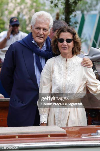 Alain Elkann and Osanna Visconti di Modrone arrives at the Hotel Excelsior pier for the 80th Venice International Film Festival 2023 on August 31,...
