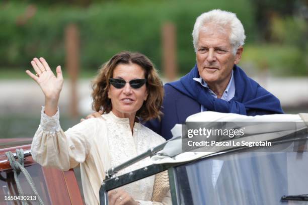 Alain Elkann and Osanna Visconti di Modrone arrives at the Hotel Excelsior pier for the 80th Venice International Film Festival 2023 on August 31,...