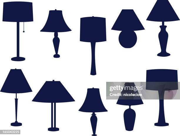 table lamps of various designs colored in dark blue - decorating bedroom stock illustrations