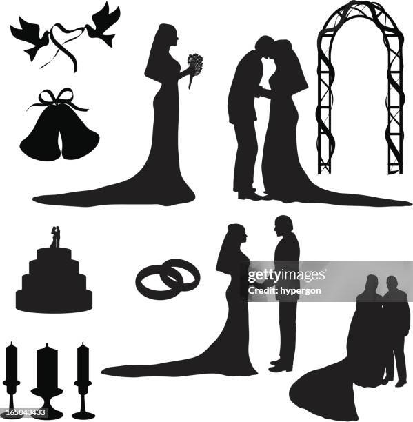 ilustraciones, imágenes clip art, dibujos animados e iconos de stock de boda silueta collection (vector jpg - novios