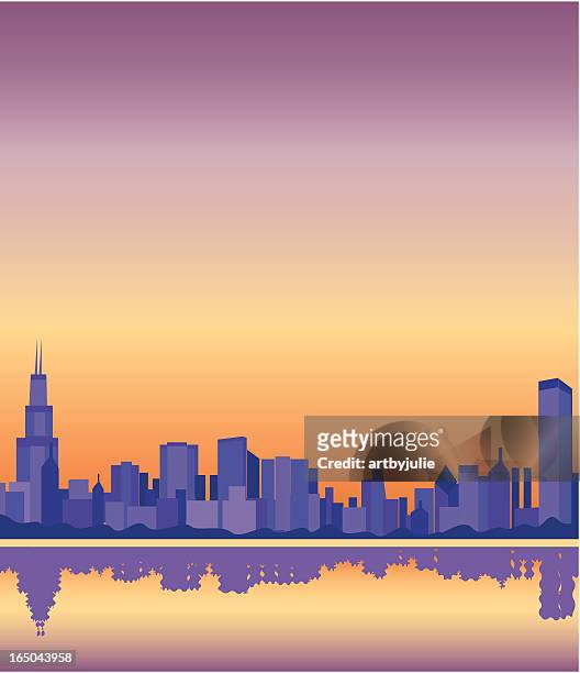 illustrazioni stock, clip art, cartoni animati e icone di tendenza di skyline di chicago - riva dell'acqua