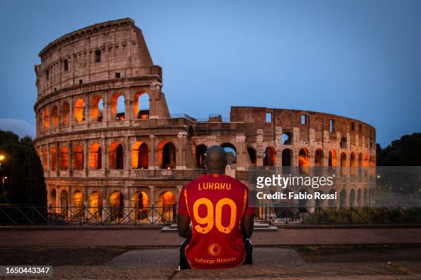Roma's new signing Romelu Lukaku during the shooting at the Colosseum on August 30, 2023 in Rome, Italy.