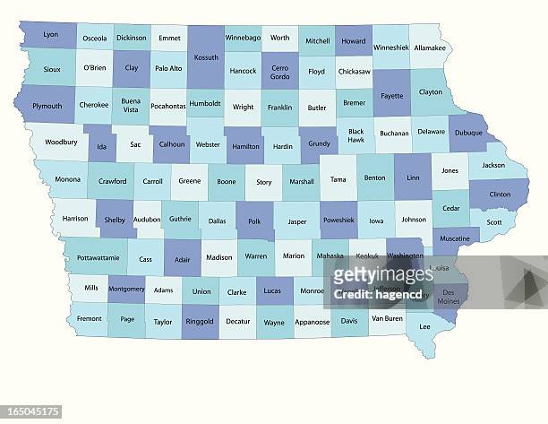 iowa state-county karte - iowa stock-grafiken, -clipart, -cartoons und -symbole