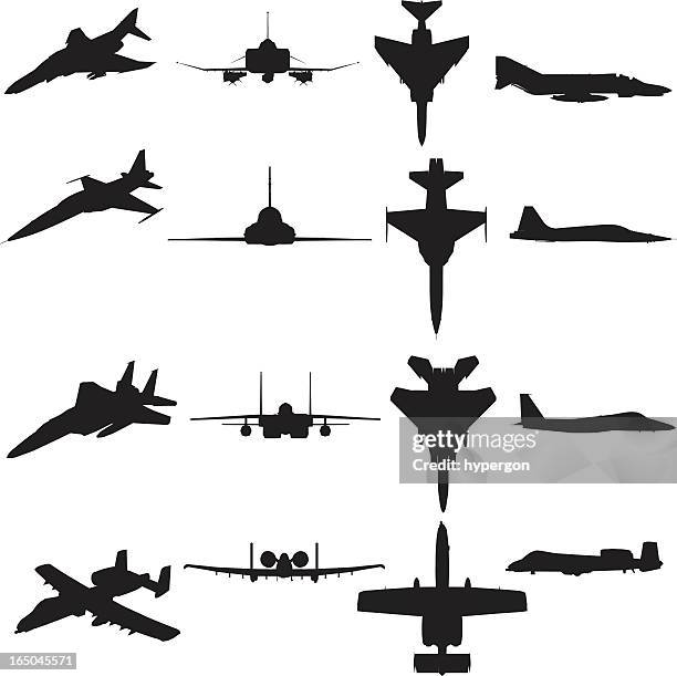 military aircraft silhouette collection (vector+jpg) - fighter plane stock illustrations