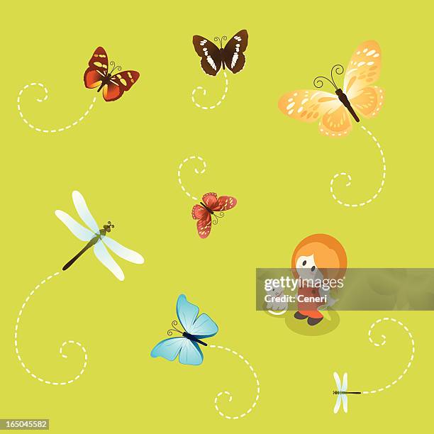 ilustraciones, imágenes clip art, dibujos animados e iconos de stock de little girl serie: mariposas y dragonflies - odonata