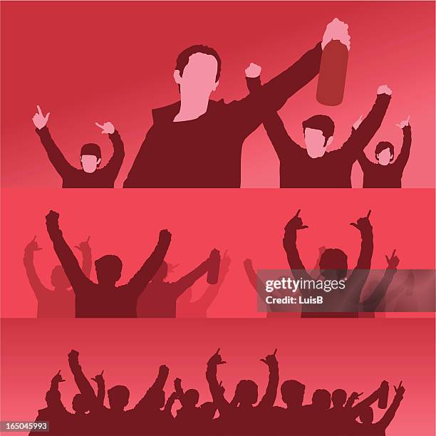 fans in a crowd red - children huddle hands stock illustrations