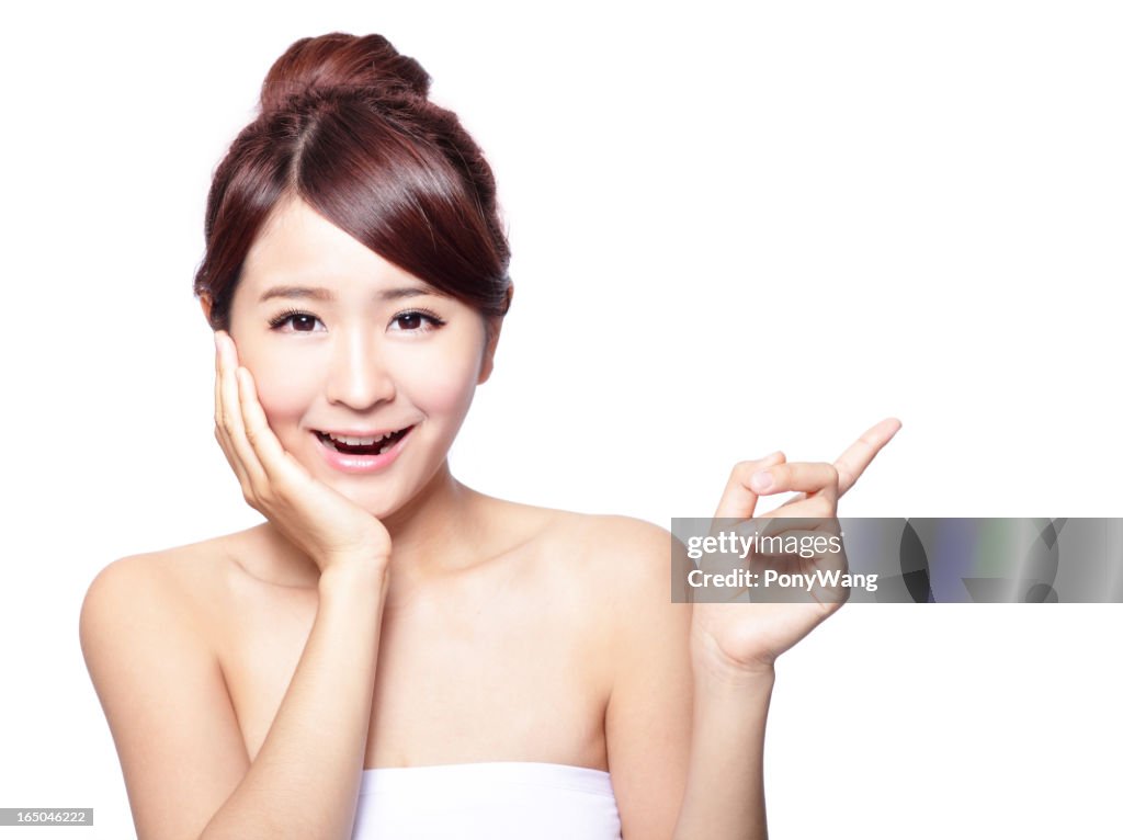 Skin care beauty woman showing copy space