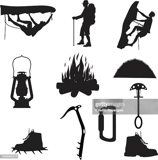 outdoor adventure silhouette collection (vector+jpg) - camp fire white background stock illustrations