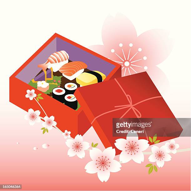 red sushi bento with pink cherry blossom branch - futomaki stock illustrations