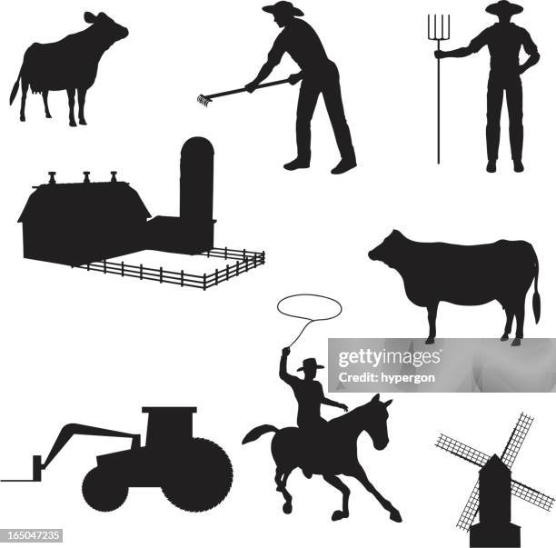 farming silhouette collection (vector+jpg) - farmer stock illustrations