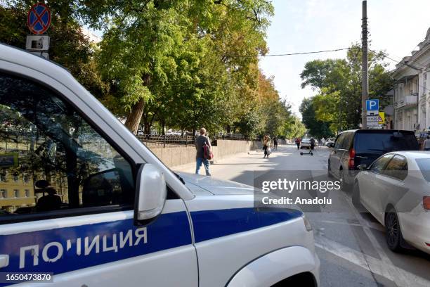 Police take security measures on streets after a Ukrainian drone strike in Rostov-On-Don, Russia on September 07, 2023. Ukraine's drone attack on the...