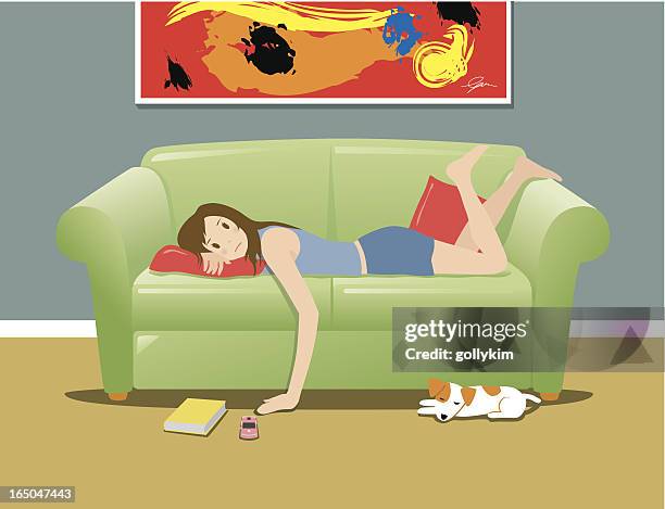 stockillustraties, clipart, cartoons en iconen met woman lying on sofa and feeling bored - bored