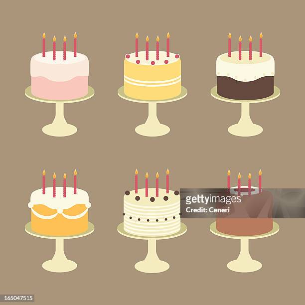 cute birthday cakes with candles on cake stands - whipped cream stock illustrations