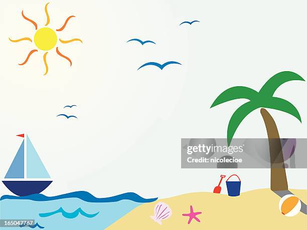 illustrazioni stock, clip art, cartoni animati e icone di tendenza di scena della spiaggia - secchio di sabbia