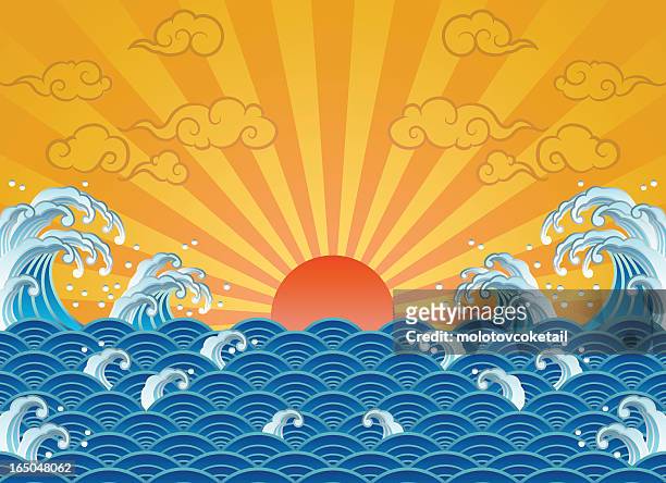 wave and sun - japanese culture stock illustrations