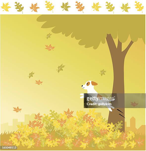 dog running and playing with autumn leaves - leaflitter stock illustrations