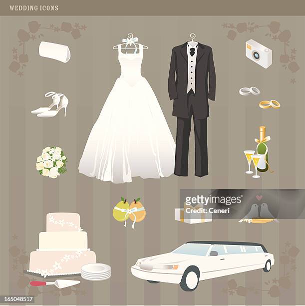 bride and groom wedding icons / design elements - dinner jacket stock illustrations