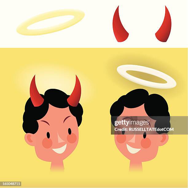 bildbanksillustrationer, clip art samt tecknat material och ikoner med halo + devil horns - behornad