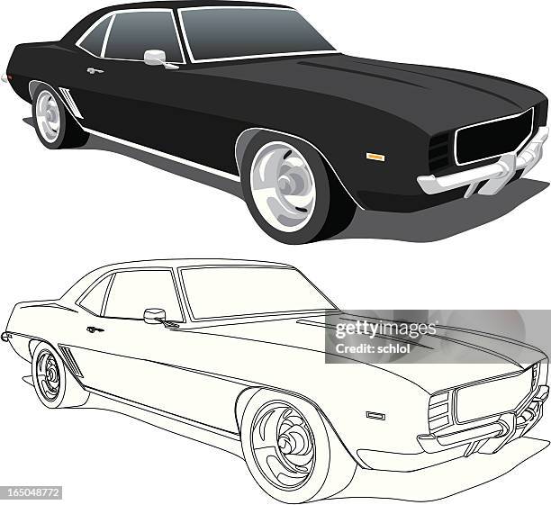 ilustraciones, imágenes clip art, dibujos animados e iconos de stock de negro camaro, 1969 - bumper