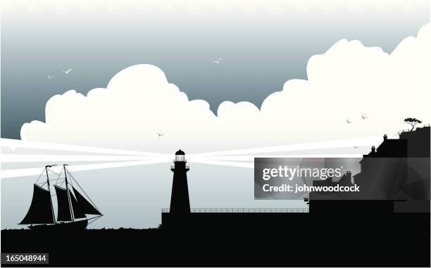 fishing village - lighthouse light stock illustrations