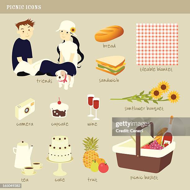 picnic icons - hamper stock illustrations