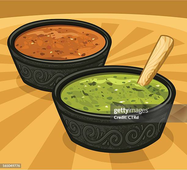 green & red salsas (hot pikanten saucen - grüne augen stock-grafiken, -clipart, -cartoons und -symbole