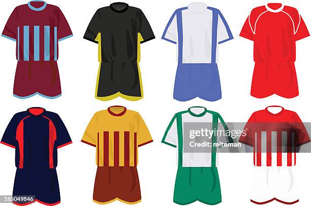 icon set of soccer uniforms in various colors and patterns - striped shirt stock illustrations