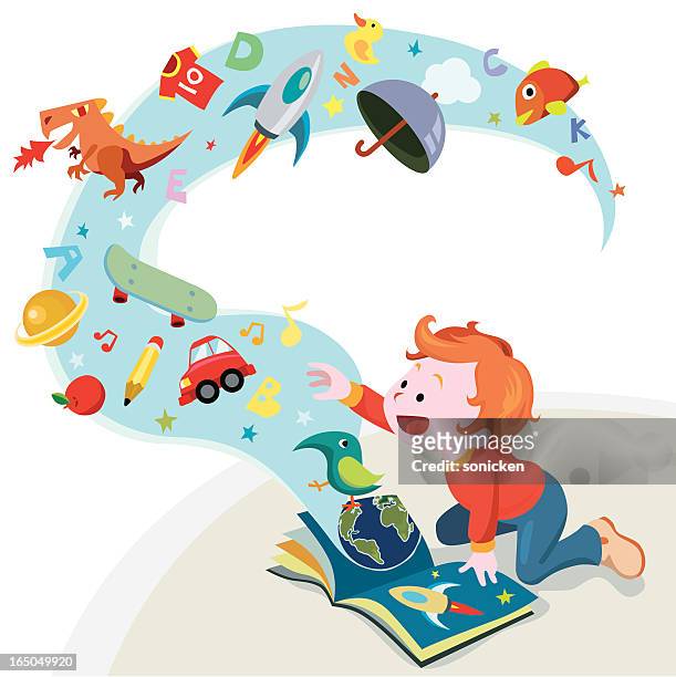 ilustrações de stock, clip art, desenhos animados e ícones de livro de história de leitura - kids imagination