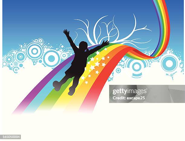 slide on rainbow - above clouds stock illustrations