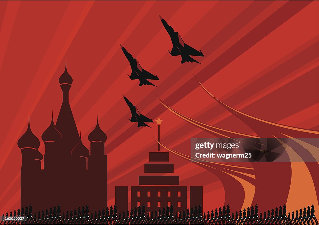 Soviet army parade with fighters jets flying over