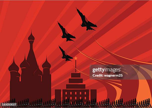 soviet army parade with fighters jets flying over - communism stock illustrations