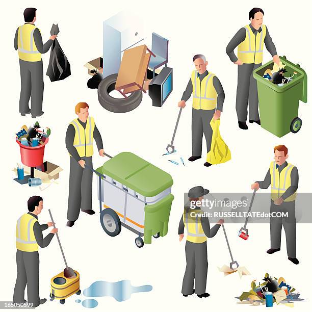 reinigen crew iso - city cleaning stock-grafiken, -clipart, -cartoons und -symbole