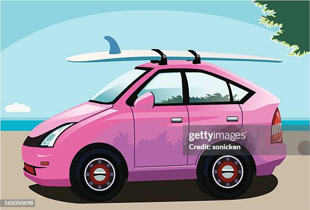 surfboard on mini sport car - one headlight stock illustrations