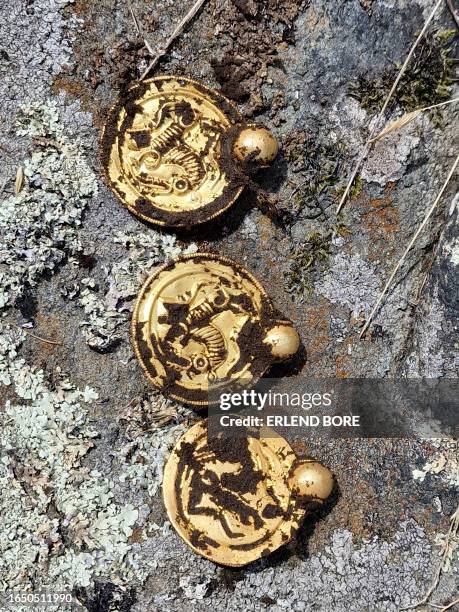 Handout photo released on September 7, 2023 by the Museum of Archaeology and the University of Stavanger , south-western Norway, shows coin-like gold...