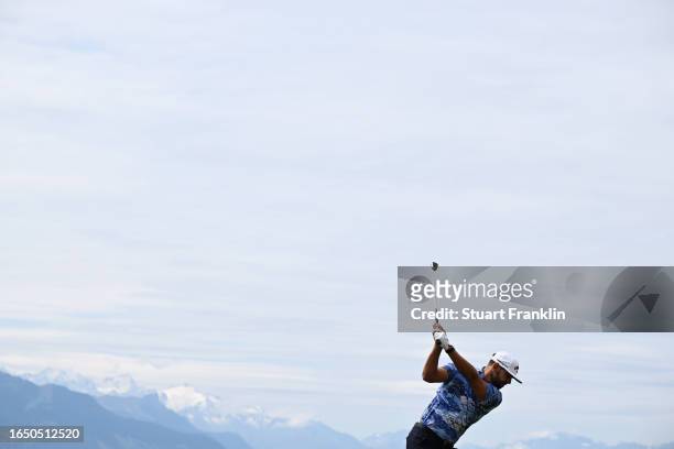 Erik van Rooyen of South Africa plays a shot on the 17th hole during Day One of the Omega European Masters at Crans-sur-Sierre Golf Club on August...